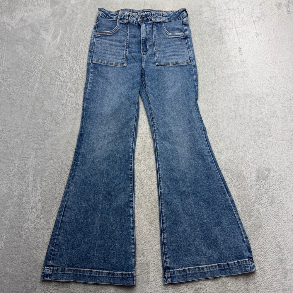 American Eagle Jeans Womens 8 Short Blue Super Hi-Rise Flare Front Patch Pockets